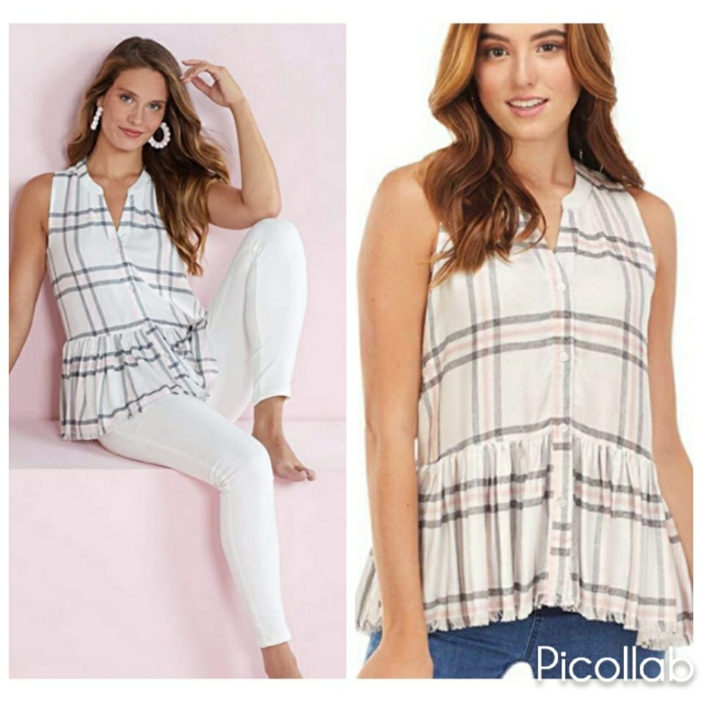 Mud Pie Rita White Plaid Peplum Button Down Top